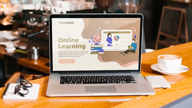 Close-up laptop with online learning landing page