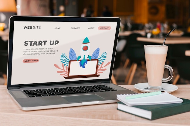 close-up laptop with start up landing page