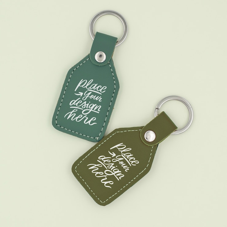 PSD close up on leather keychain mockup