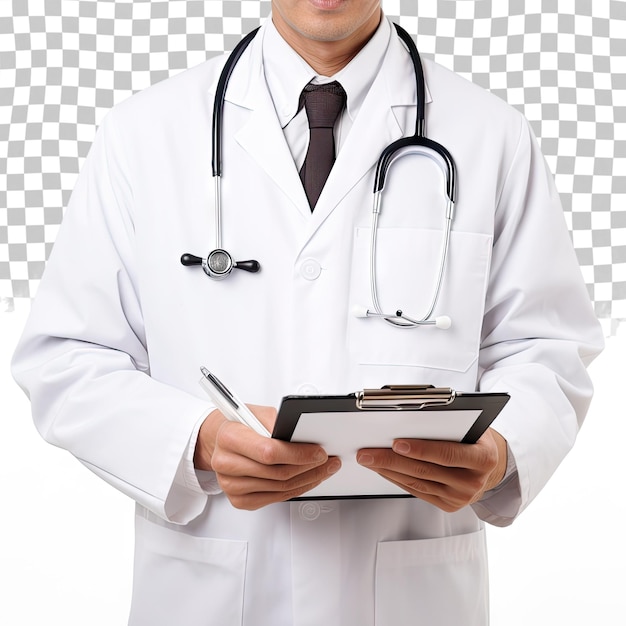 PSD close up of male medicine doctor writing on clipboard isolated on transparent background medical and healthcare concept