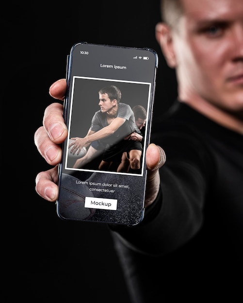 PSD close up man holding smartphone