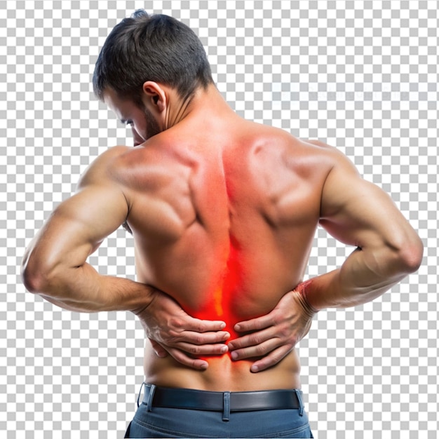 PSD close up of man rubbing his painful back on transparent background