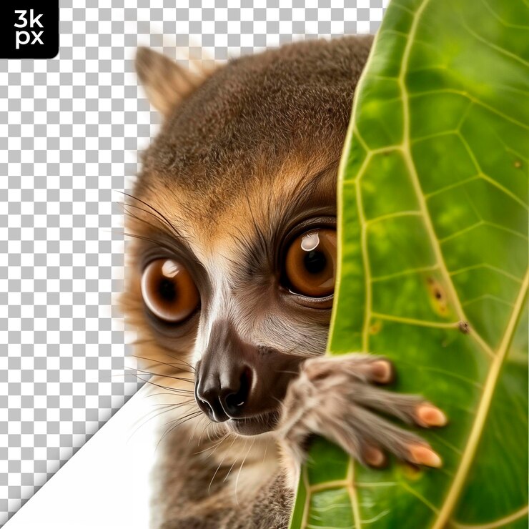 PSD a close up of a meerkat on a leaf with a photo of a meerd lemur on it