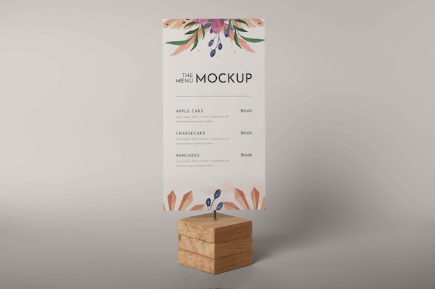 PSD close up on menu mockup in wooden holder