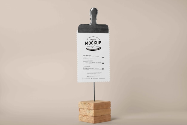 PSD close up on menu mockup in wooden holder