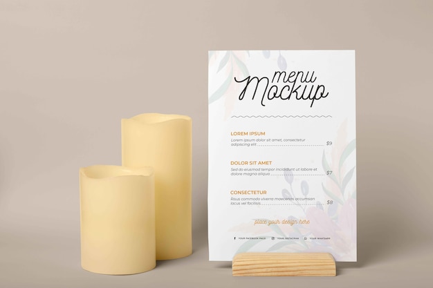 PSD close up on menu mockup in wooden holder