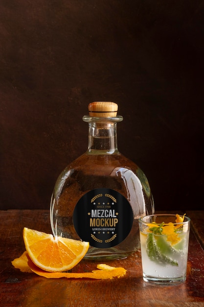 Close up on mezcal drink bottle with ingredients