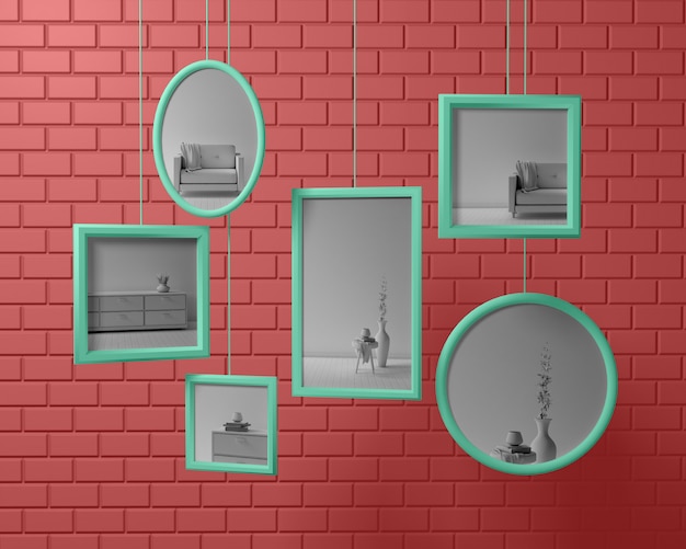 PSD close up on mockup frames hanging on a wall