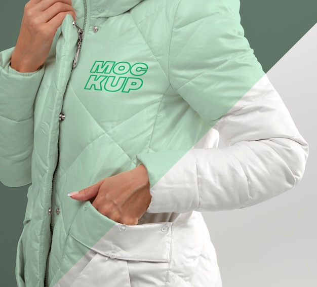 PSD close up model presenting jacket mockup