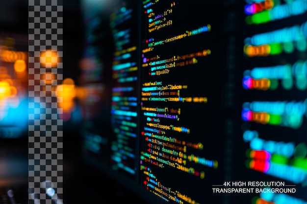 close up of monitor displaying source code coding program on transparent background
