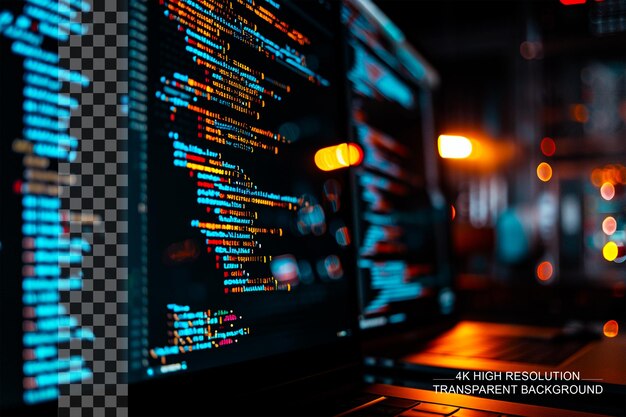 PSD close up of monitor displaying source code coding program on transparent background