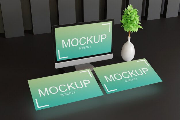 close up on multiple screen monitor mockup side view