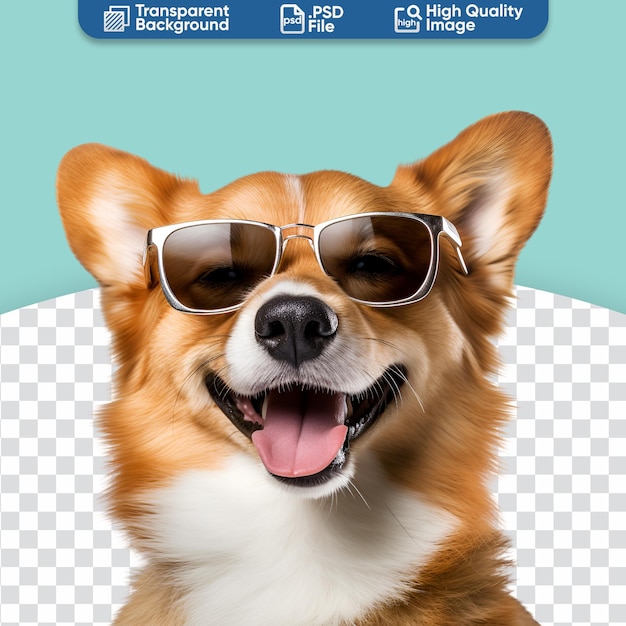 PSD Близкий взгляд на счастливую собаку-корги с солнцезащитными очками, готовыми к лету