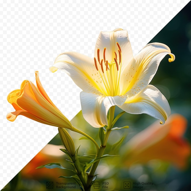 PSD Близкое изображение солнечного белого и желтого цветка лилии на открытом воздухе на размытом прозрачном фоне