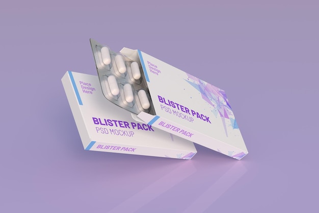 Крупный план блистерной упаковки с круглыми лекарствами одноцветные таблетки макет шаблона 3d-рендеринга
