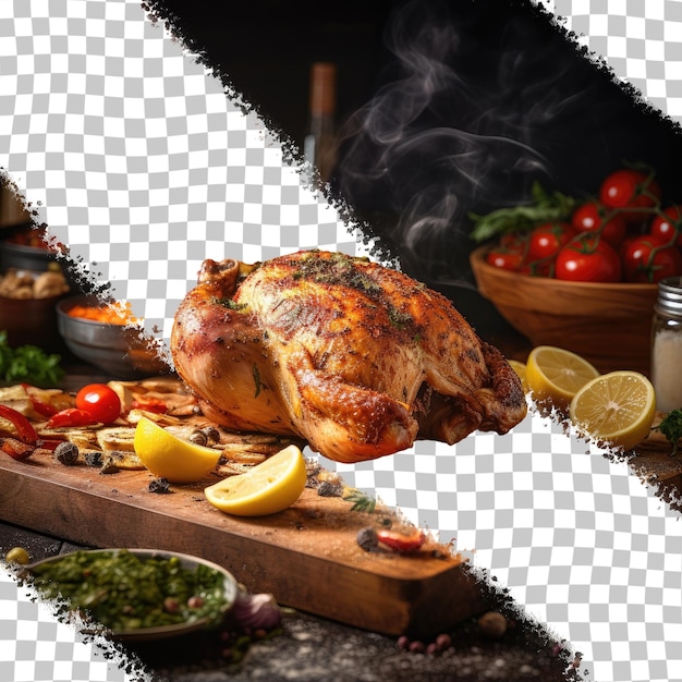透明な背景に食材に囲まれた木製のまな板の上にさまざまなスパイスを入れて調理する鶏肉の接写