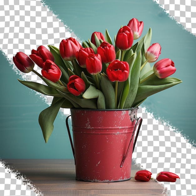 PSD Близкий снимок красных тюльпанов в металлическом ведро, изолированном на прозрачном фоне