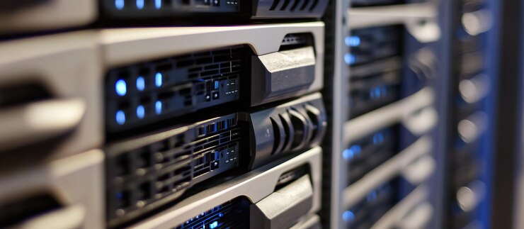 PSD close up of server racks with blue lights