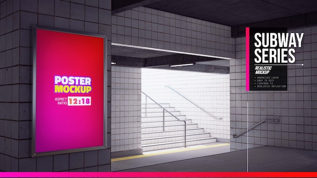 PSD 地下鉄の柱のポスターモックアップをクローズアップ