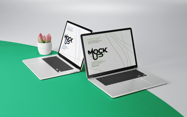 Close-up op laptop mockup met potplant