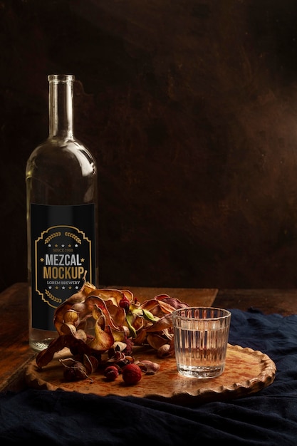 Close-up op mezcal drinkfles met ingrediënten