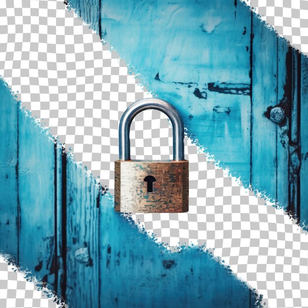 PSD close up of an opened blue padlock on an ancient wooden door