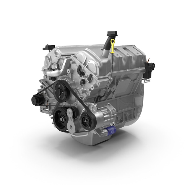 Close-up opname van een auto-motor met riem en verschillende auto-onderdelen