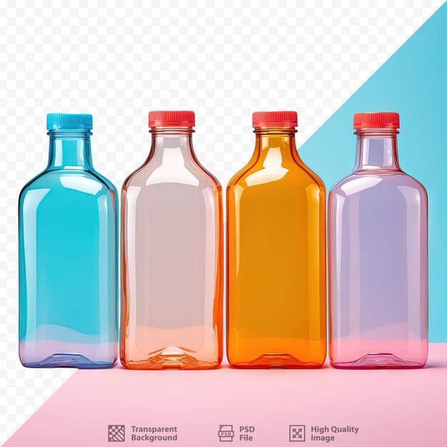 PSD close-up opname van een groep gekleurde vierkante plastic flessen