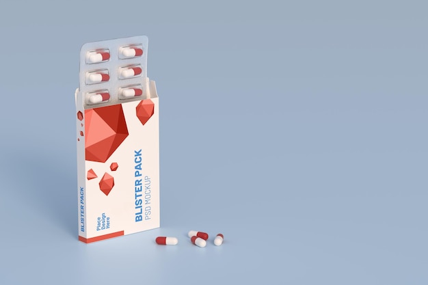 Close up of package blister with round medicines pills Mockup template 3d rendering