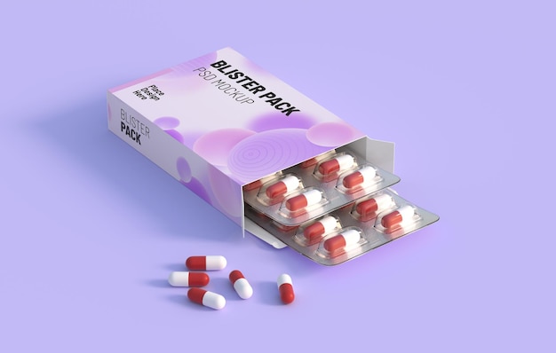 Primo piano del pacchetto con due blister con pillole di medicinali modello di mockup rendering 3d