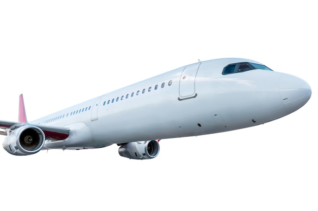 close up passenger jet plane fly isolated on white background