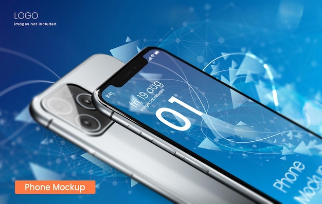 PSD close up phone mockup on blue geometrical background