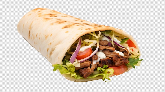 PSD close up photo of fresh and tasty doner with meat without background with transparent layer inside