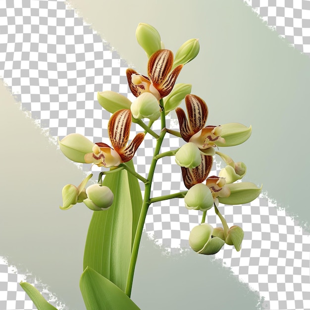 PSD 투명한 배경에 격리된 갈색과 녹색 catasetum saccatum 난초 꽃 가지의 사진을 닫으세요