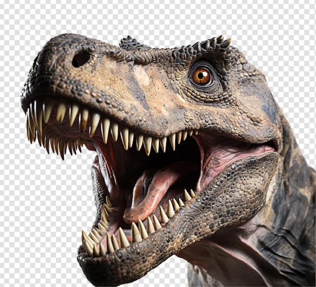 PSD close up portrait of t rex dinosaur with roaring expression isolated on transparent background