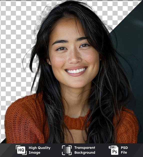 PSD close up portrait of yong woman casual portrait in positive view big smile beautiful model posing in studio over white caucasian asian portrait woman in orange sweater