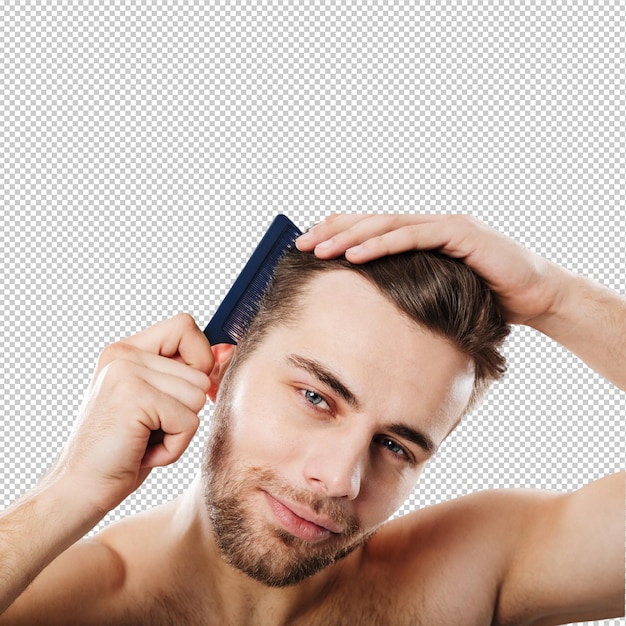 Close-up portret van een glimlachende man die zijn haar kamt