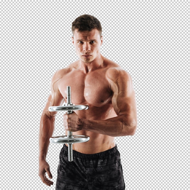 Close-up portret van serieuze zweetende atletische man die dumbbell tilt