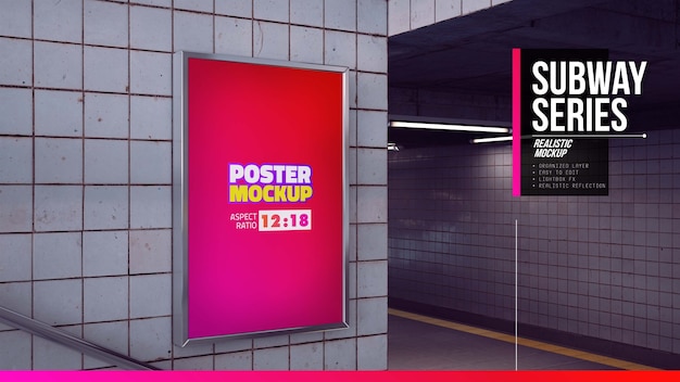 Close up on poster mockup in subway corner