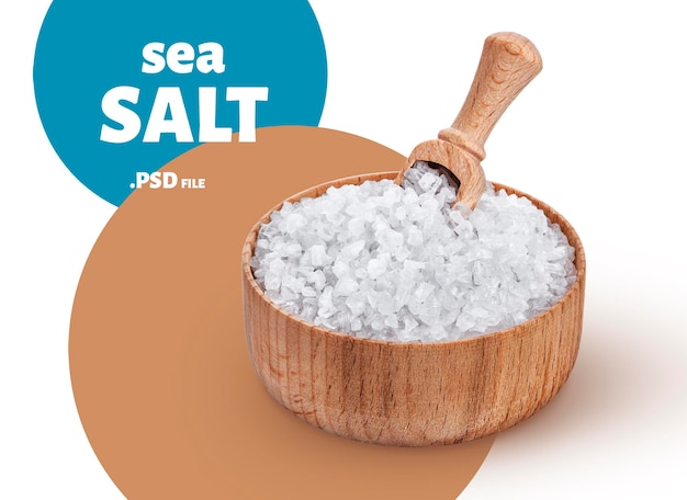 PSD close up on sea salt in wooden bowl with scoop