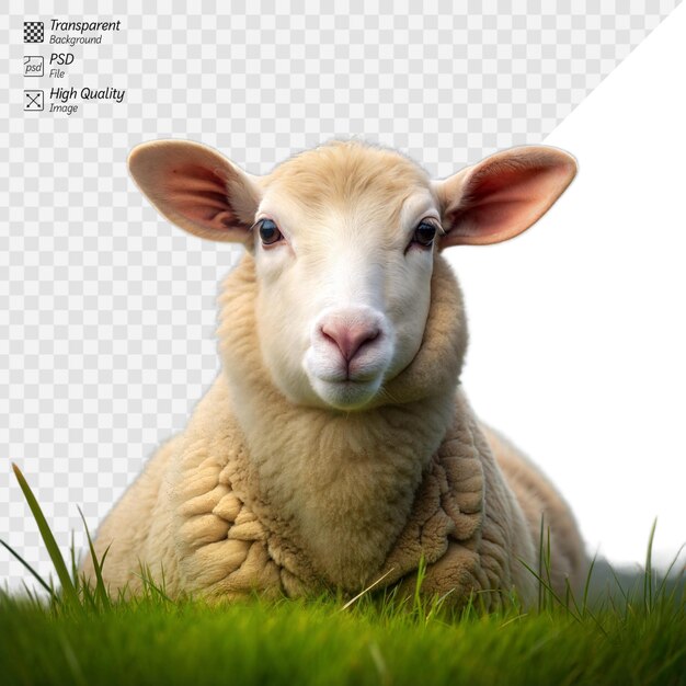 Close up of a sheep on green grass with a clear background