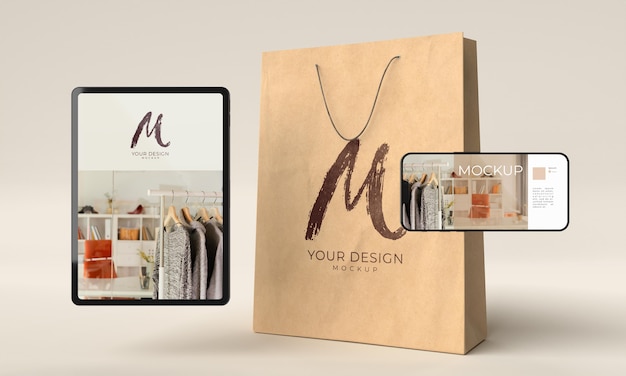 PSD close up on shopping bag with digital device mockup