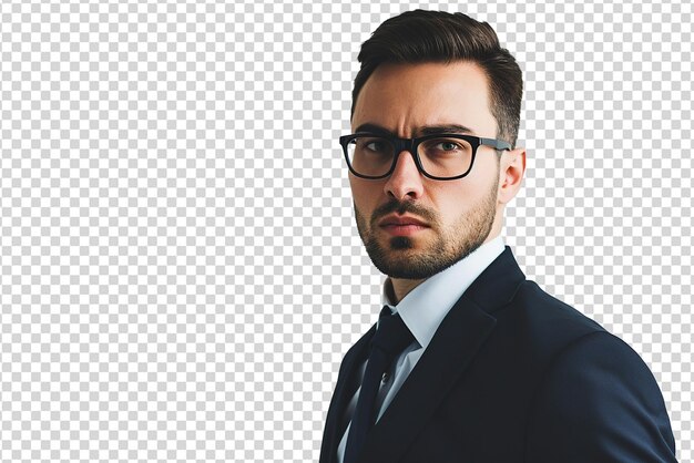 Close up shot of businessman in glasses on white isolated background