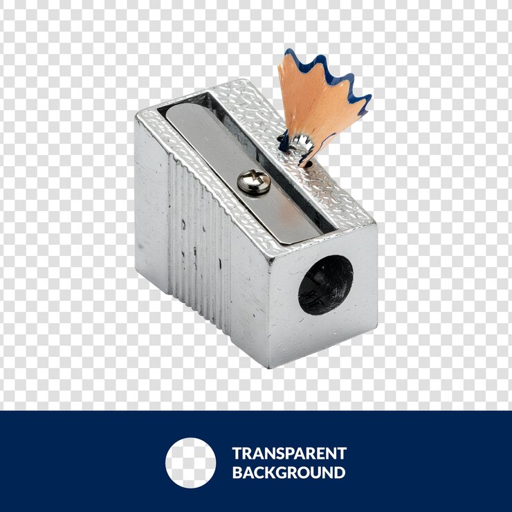 PSD close-up of a silver metal pencil sharpener with shavings on a transparent background