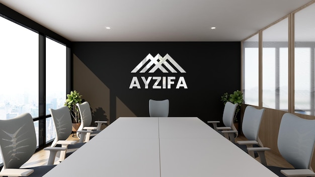 Close up on silver realistic logo mockup in meeting room