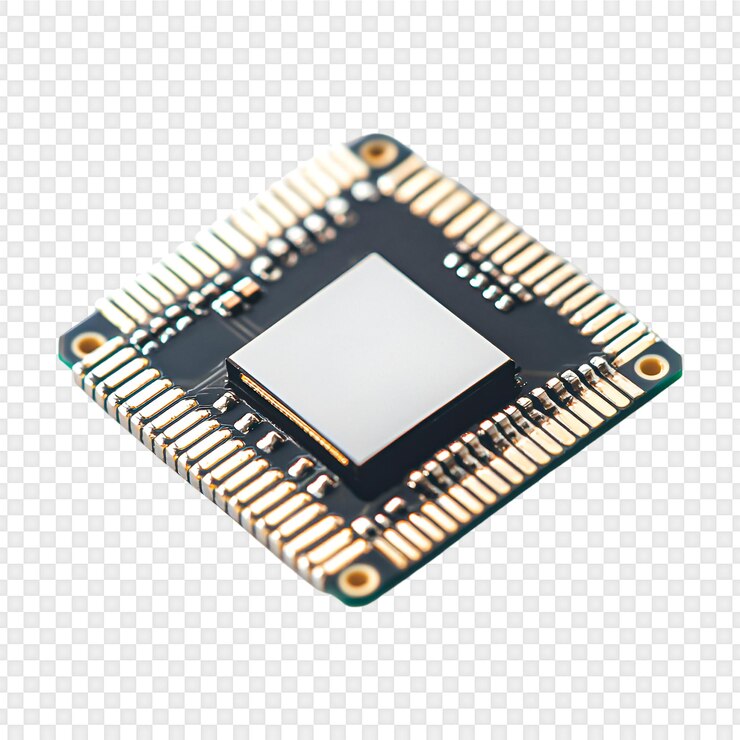 PSD close-up of a square microchip with gold pins and central processor
