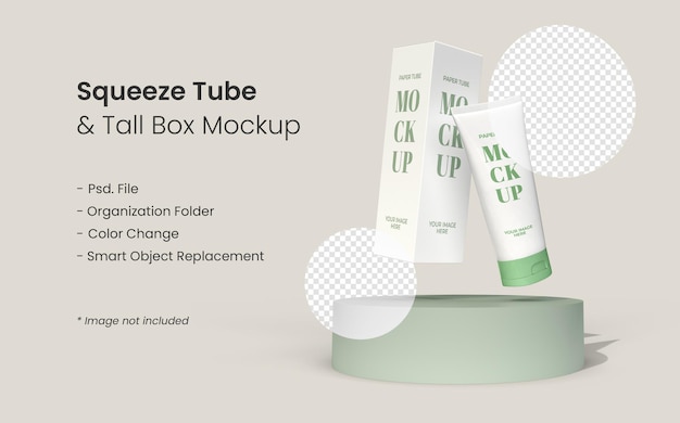 Primo piano su squeeze tube e tall box sul mockup del podio