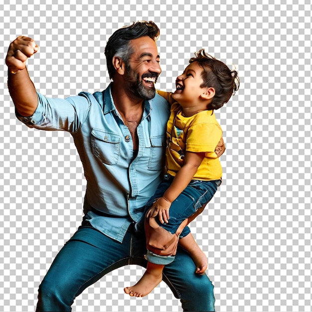 PSD close up studio portrait of father together with 4 year old son on yellow background