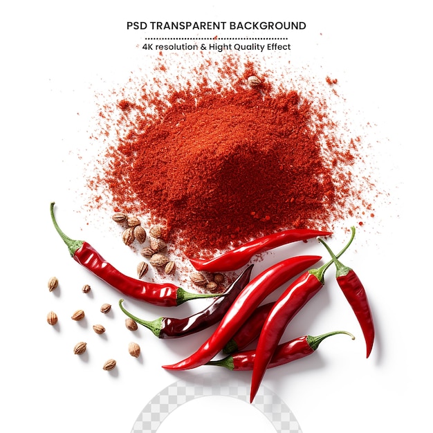 close up of a sweet pointed red pepper with paprika powder on a white background