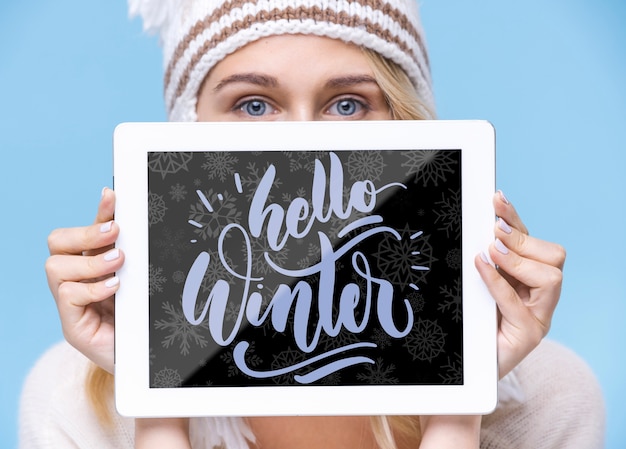 PSD close-up tablet with hello winter mock-up